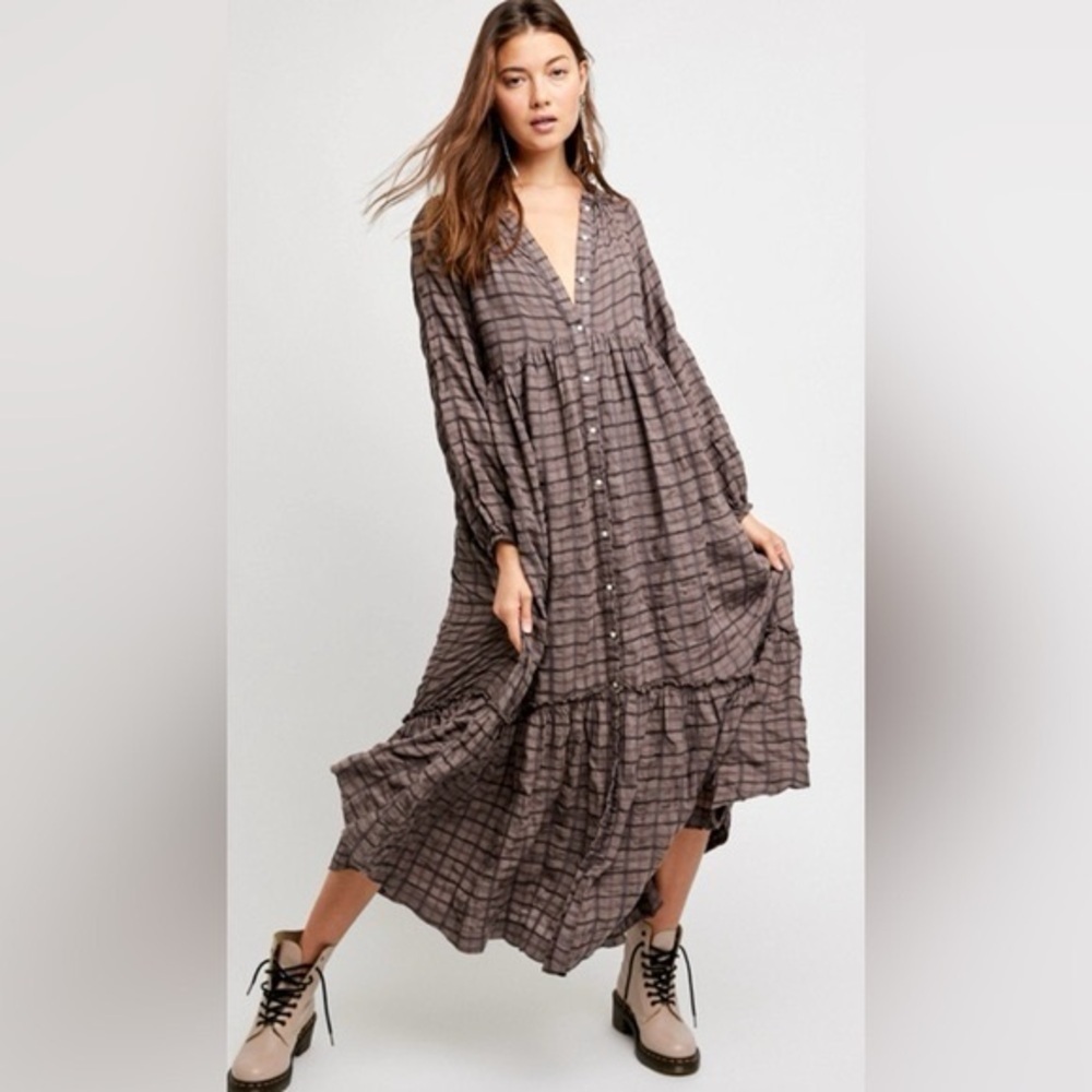 Free People Brown Plaid Button-Front Midi Dress - Picture 3 of 8
